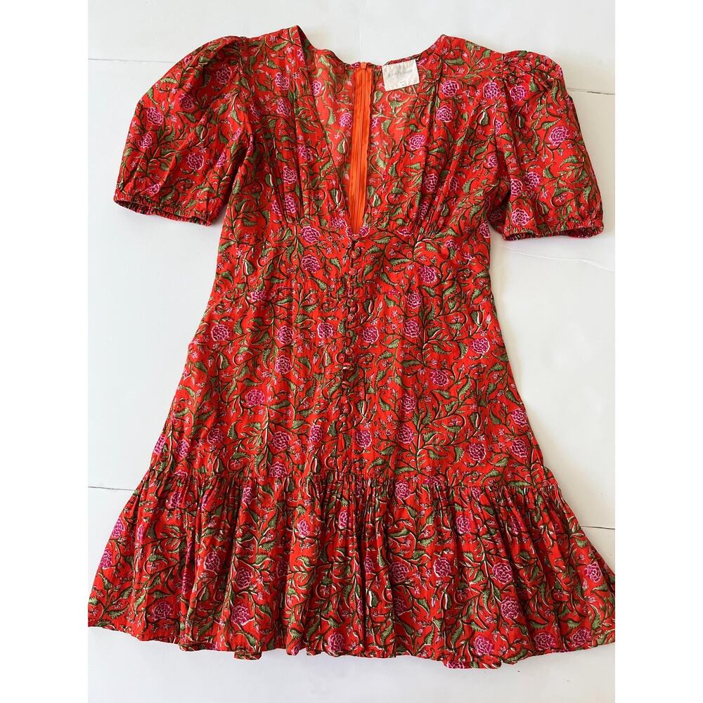 Guadalupe Dress Womens M Orange Floral Puff Sleeve V Neck Ruffle Mini Sundress